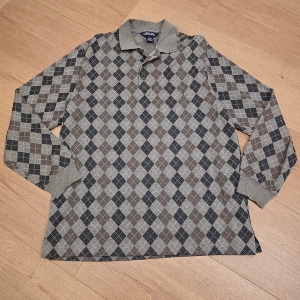 Vintage Lands‎ End Polo Shirt Mens L Brown Argyle Long Sleeve Made In USA